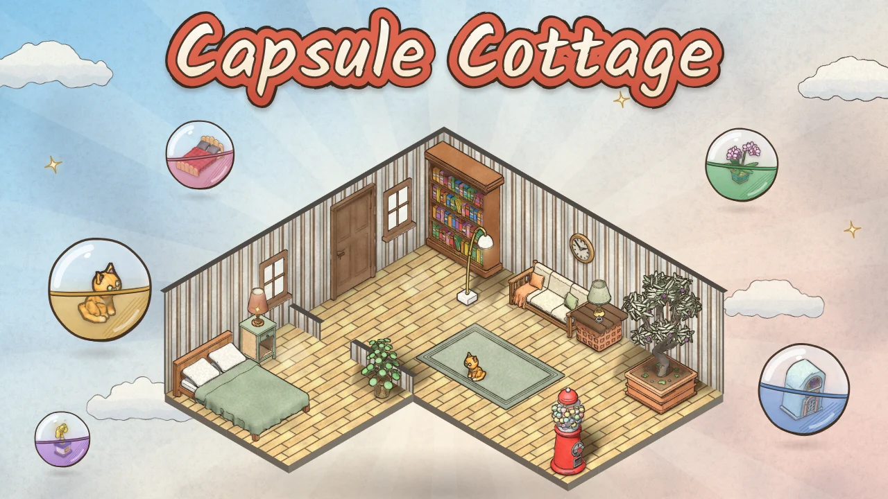 The words Capsule Cottage over a cosy L-shaped home with a bed, a sofa, a bookcase, an olive tree and an orange tabby cat, with see-through prize capsules floating around it