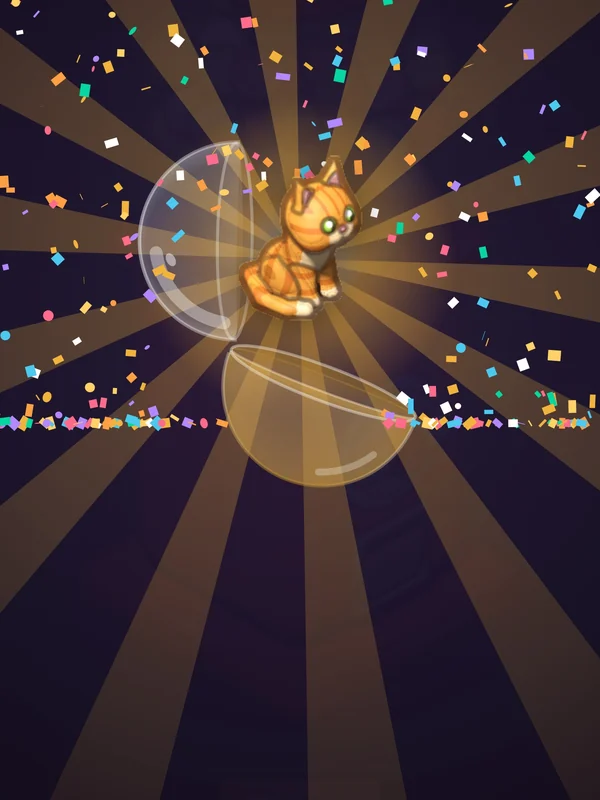 A gold capsule popping open with confetti and an orange tabby cat inside