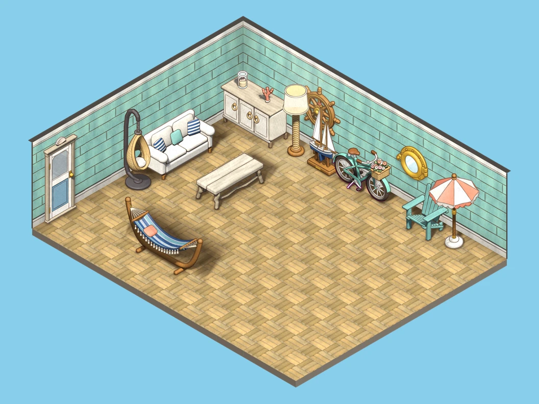 A beach house with a hammock, a mint bike, a ship's wheel and an Adirondack chair