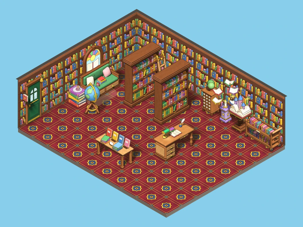 A corner bookshop with tall bookcases, a rolling ladder and a reading nook