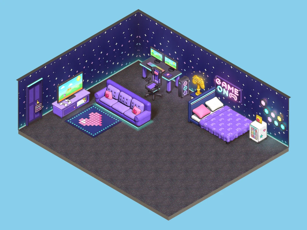 A gamer's bedroom with a neon GAME ON sign, twin monitors and a starry wall