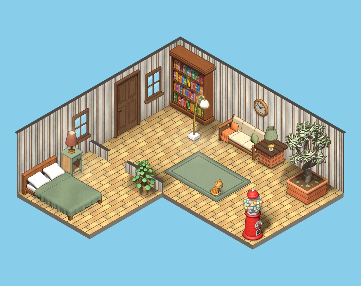 A cosy L-shaped home with a sage bed, a futon, a sage rug, a tall bookcase, an olive tree, a brass arc lamp and an orange tabby cat